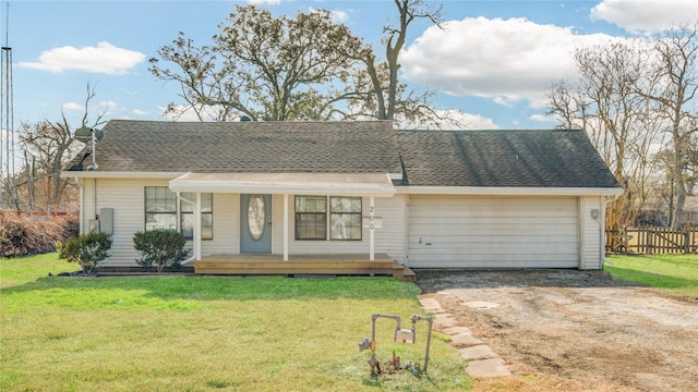 ranch-style home with a garage, a front lawn, and a porch