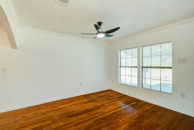 spare room featuring crown molding, ceiling fan, hardwood / wood-style floors, and a textured ceiling