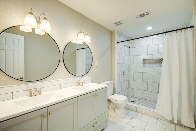 bathroom featuring walk in shower, vanity, toilet, and backsplash