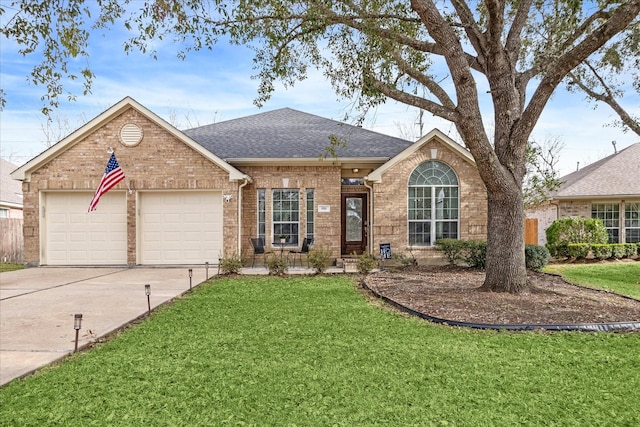 single story home with a garage and a front yard