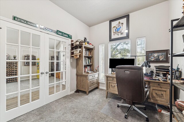 office area featuring carpet flooring and french doors