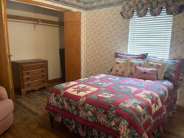 bedroom featuring dark wood-type flooring and a closet