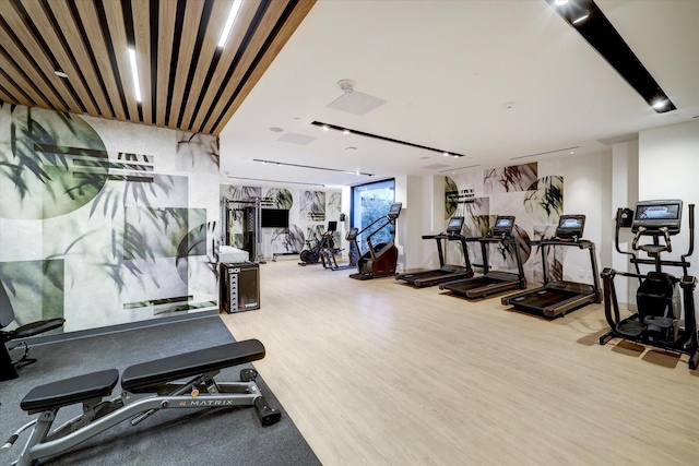 gym featuring hardwood / wood-style floors