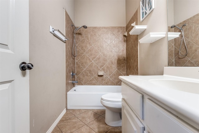 full bathroom with tiled shower / bath combo, vanity, tile patterned flooring, and toilet