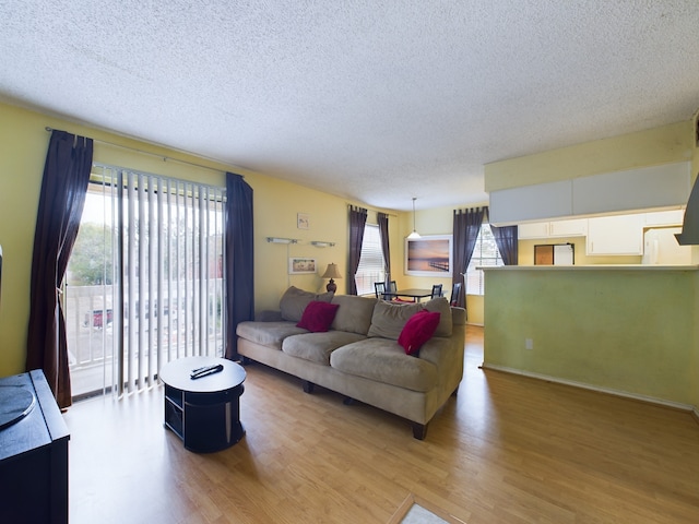 living room with a textured ceiling and light wood-type flooring