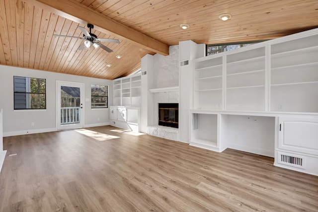 unfurnished living room with built in shelves, a fireplace, lofted ceiling with beams, and wooden ceiling