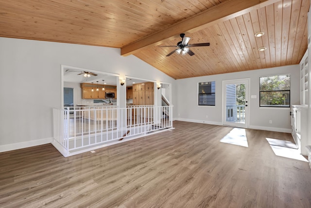 unfurnished living room with ceiling fan, lofted ceiling with beams, light hardwood / wood-style flooring, and wooden ceiling