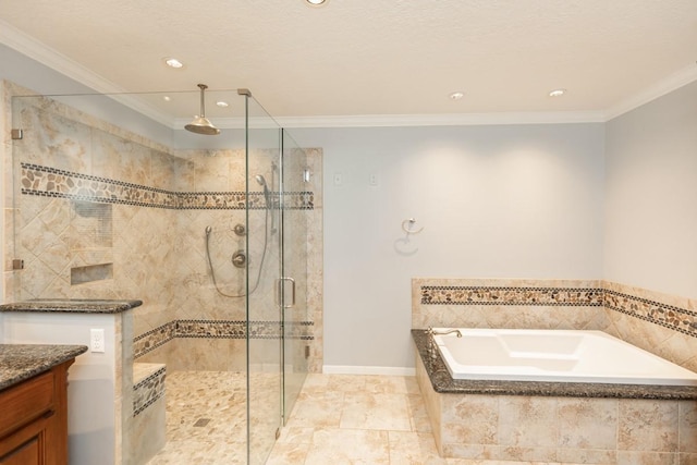 bathroom featuring vanity, crown molding, and plus walk in shower