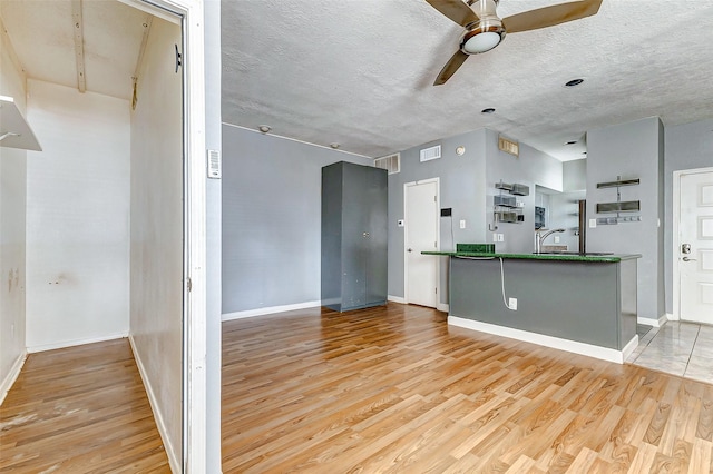 kitchen featuring ceiling fan, sink, a textured ceiling, and light wood-type flooring