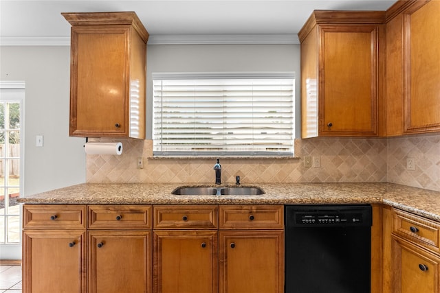 kitchen with dishwasher, sink, backsplash, and ornamental molding