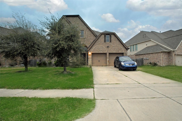 view of front of house with an attached garage, driveway, brick siding, and a front yard