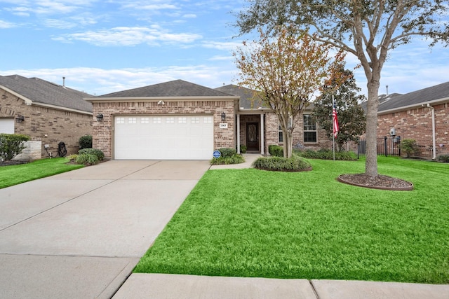 ranch-style house featuring driveway, an attached garage, fence, a front lawn, and brick siding