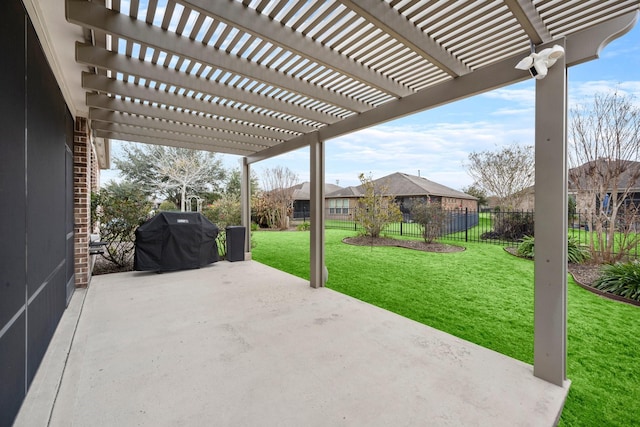 view of patio with fence, a grill, and a pergola