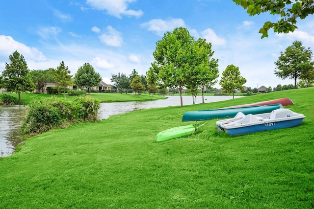 view of property's community with a lawn and a water view