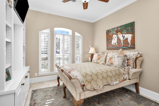 bedroom featuring ceiling fan, ornamental molding, and light tile patterned floors