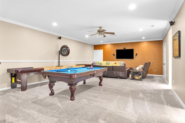 recreation room featuring crown molding, light carpet, ceiling fan, and billiards