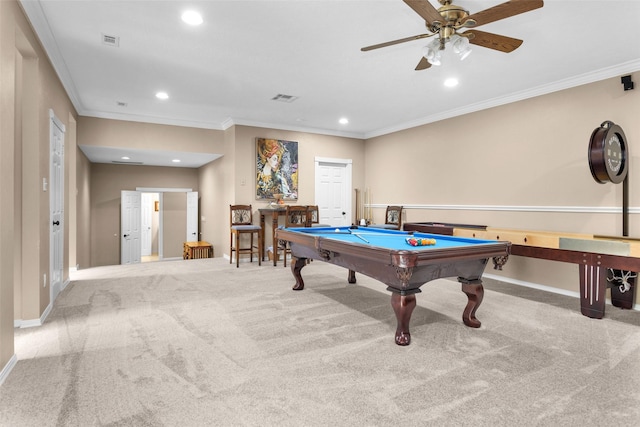 game room featuring billiards, ornamental molding, light colored carpet, and ceiling fan