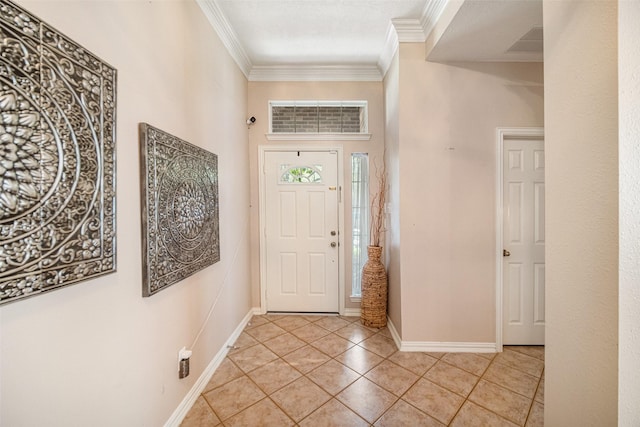 entryway featuring ornamental molding and light tile patterned floors