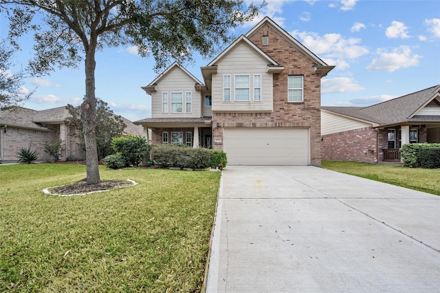 craftsman inspired home with a garage and a front yard