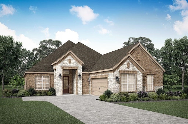 view of front of property with a garage and a front lawn