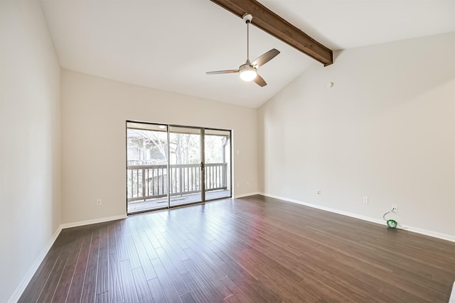 empty room with ceiling fan, high vaulted ceiling, dark wood-type flooring, and beam ceiling