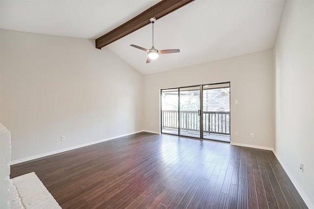 empty room featuring dark wood-type flooring, ceiling fan, and vaulted ceiling with beams