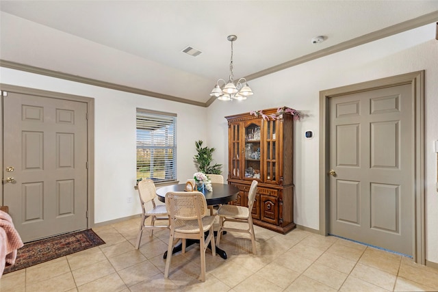 tiled dining room with crown molding, lofted ceiling, and a notable chandelier