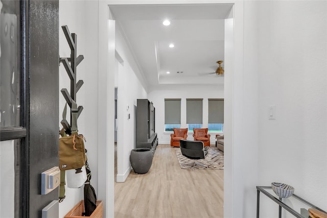 hall featuring a tray ceiling and wood-type flooring