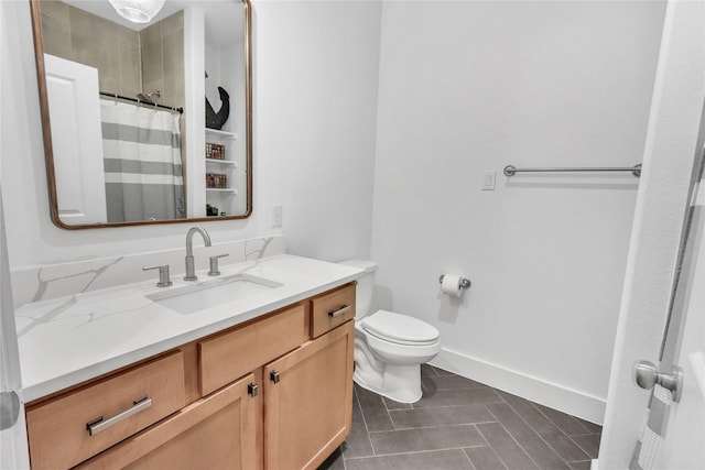 bathroom with walk in shower, tile patterned floors, vanity, and toilet