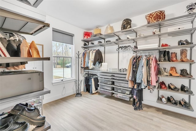 walk in closet with light wood-type flooring