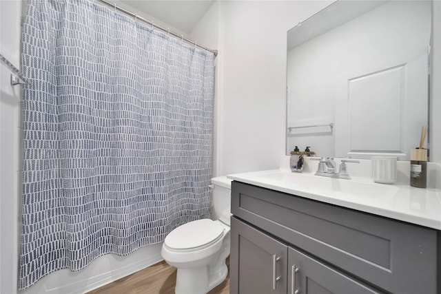 bathroom featuring vanity, toilet, and hardwood / wood-style floors