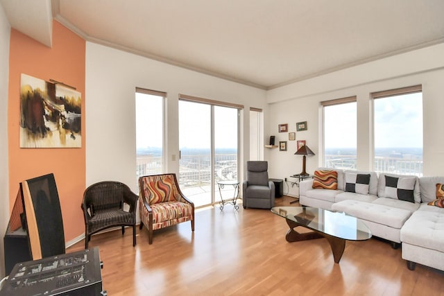 living room with crown molding, a wealth of natural light, and hardwood / wood-style floors