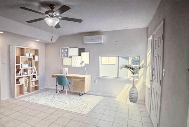 office area with an AC wall unit, tile patterned floors, and a ceiling fan