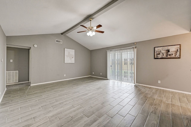 unfurnished room featuring light hardwood / wood-style flooring, lofted ceiling with beams, and ceiling fan