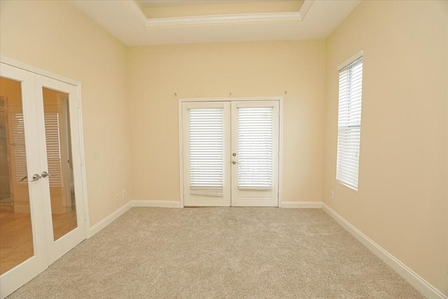 carpeted empty room featuring a tray ceiling and french doors