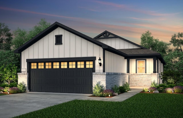 modern farmhouse featuring an attached garage, a shingled roof, stone siding, driveway, and board and batten siding