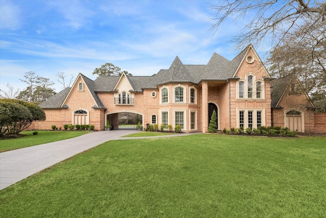 french provincial home with a front lawn and french doors