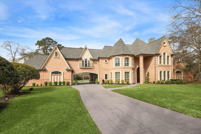 french country inspired facade featuring french doors and a front lawn