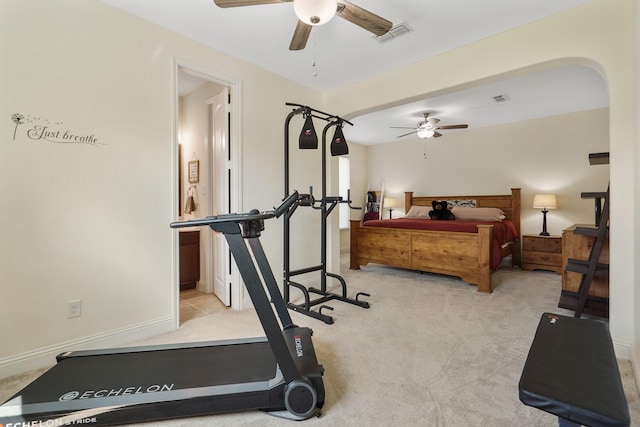 carpeted bedroom featuring ceiling fan