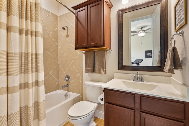 full bathroom with vanity, ceiling fan, shower / bath combination with curtain, and toilet