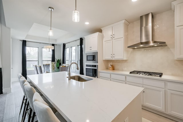 kitchen with sink, stainless steel appliances, white cabinets, a center island with sink, and wall chimney exhaust hood