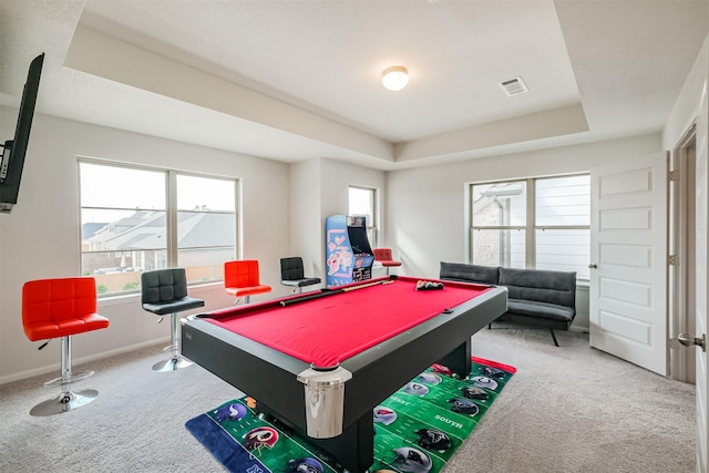 rec room featuring carpet floors, billiards, and a raised ceiling