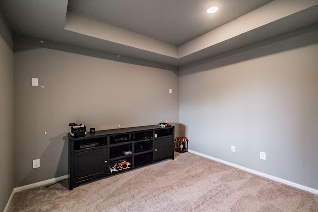 spare room featuring light carpet and a tray ceiling