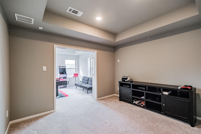 miscellaneous room with a raised ceiling and light carpet