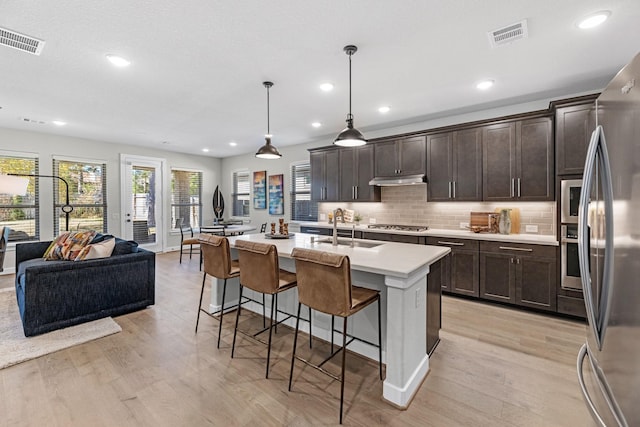 kitchen featuring sink, a breakfast bar area, hanging light fixtures, a center island with sink, and appliances with stainless steel finishes