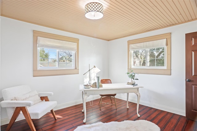 office area featuring dark hardwood / wood-style flooring and wooden ceiling