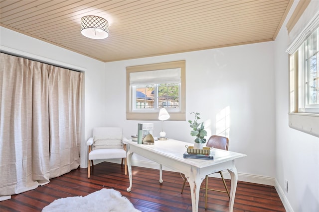 office featuring ornamental molding, dark hardwood / wood-style floors, and wood ceiling