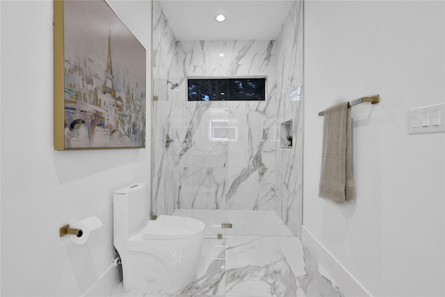 bathroom with toilet, recessed lighting, baseboards, marble finish floor, and a marble finish shower