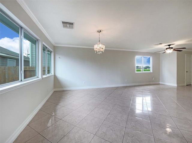 spare room with crown molding, ceiling fan with notable chandelier, and light tile patterned floors