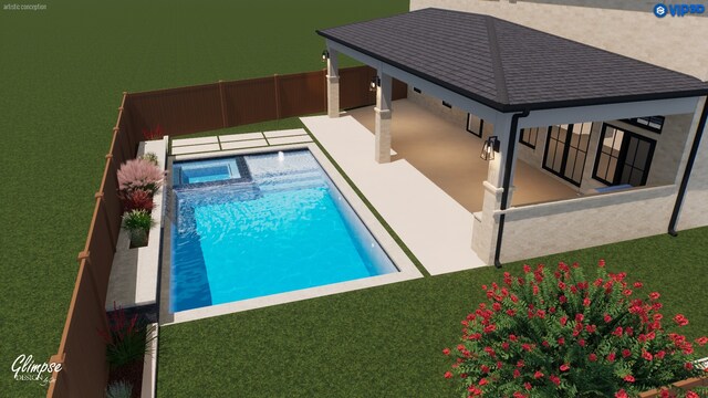 view of swimming pool featuring an in ground hot tub, a patio area, a gazebo, and a lawn